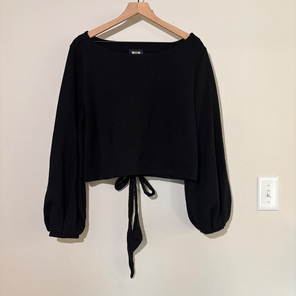 Maeve Anthropologie Crop Top L Cotton Blend Black Lace Up Back Balloon Sleeve